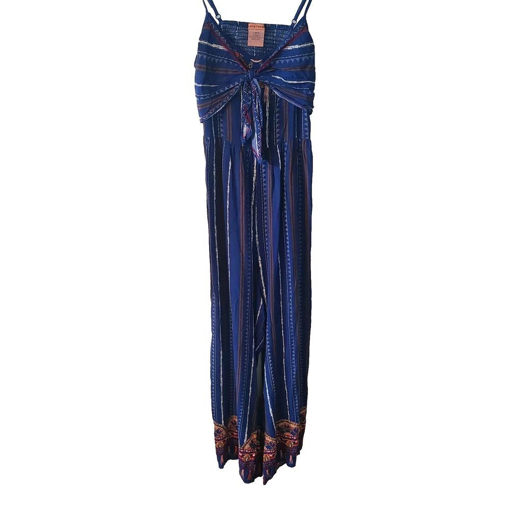 Flying Tomato Blue Loose Wide Leg Boho Jumpsuit Open Back Bandeau Tie Size Large